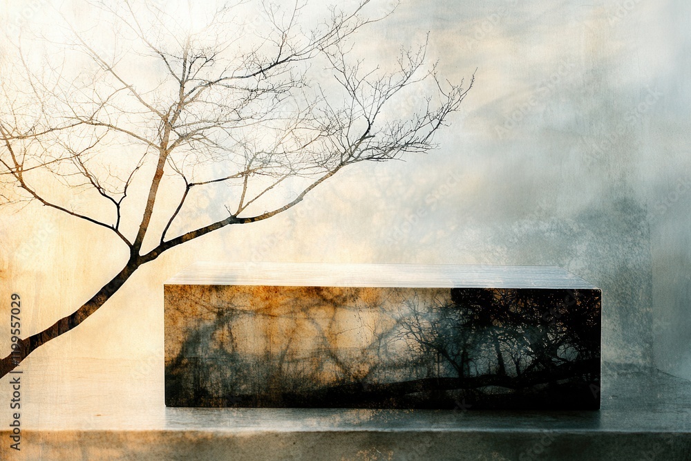 Poster artistic double exposure of a minimalist tissue box surrounded by nature, featuring subtle tree bran