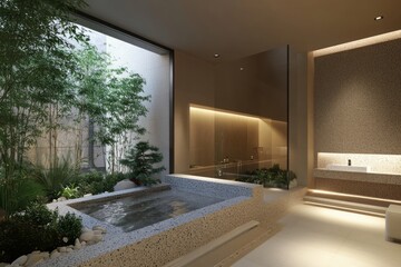 Fototapeta premium Serene Spa Bathroom with Tranquil Garden View