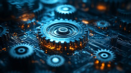 Intricate blend of gears, circuitry, and abstract shapes symbolizing business process automation, showcasing efficiency and innovation in digital design.