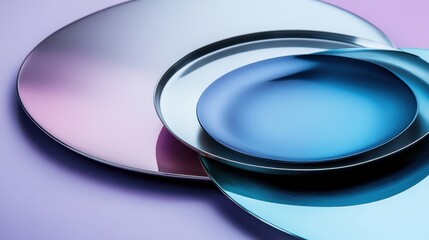 Gradient blue and pink metallic plates on purple background concept