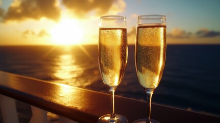 Two glasses of champagne glisten against the warm hues of a breathtaking sunset, their golden bubbles catching the fading light.