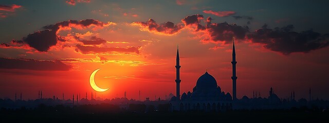 Naklejka premium Mosque silhouette with blue, pink and orange sky sunset in evening, mosque at night with crescent moon and star shining, Background for Ramadan Kareem,Islamic New year. happy Muharram