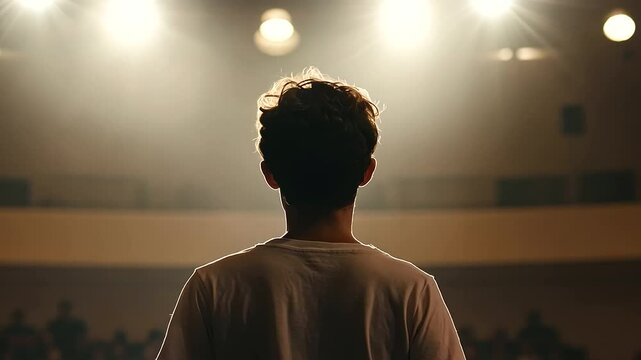Teenager Performing at School Talent Show Under Bright Lights
