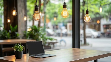 Warm lighting from vintage bulbs creates a welcoming atmosphere in a modern cafe, ideal for relaxation or work