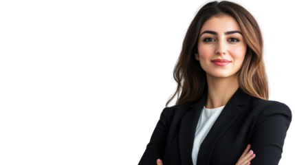 Confident businesswoman in a professional suit, standing with arms crossed, isolated on a white background, showcasing empowerment and professionalism.
