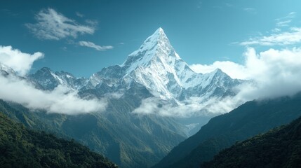 Fototapeta premium Majestic snow-capped mountain peak rises above misty green valley under a clear blue sky.