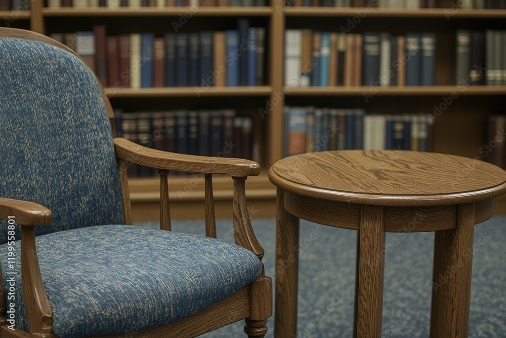 Poster a tranquil scene featuring an empty chair beside a round wooden table with a background of shelves f