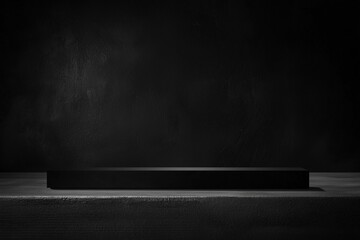 Black empty podium on dark background ideal for product presentation, minimalist stage setup for showcasing items, sleek and professional display platform