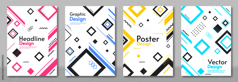 Poster set of colorful abstract vector poster with white backdrop. design featuring geometric shapes, lines