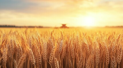 Obraz premium Harvesting golden wheat at sunrise rural farm landscape nature tranquil environment wide-angle view