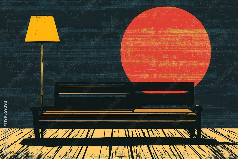 Poster minimalist vector illustration of a sofa and lamp with a bold red circle in a dark background, perfe