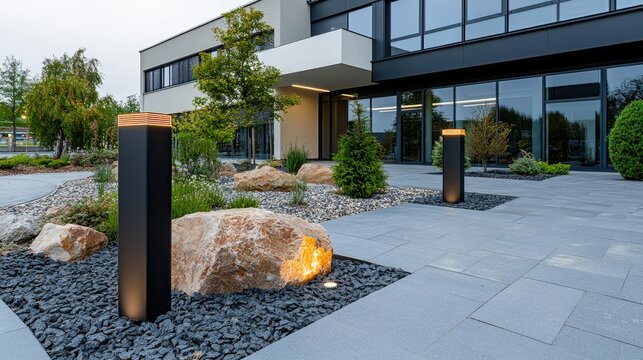Close-up view of sleek black bollards with LED lights set on stone pavement by an office building under bright daylight
