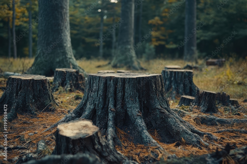 Poster leftover stumps in a forest once filled with towering trees and vibrant life