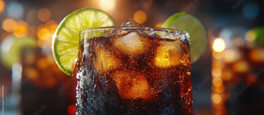 Poster refreshing cold beverage with ice and lime slices in a glass on a table with soft glowing lights in 