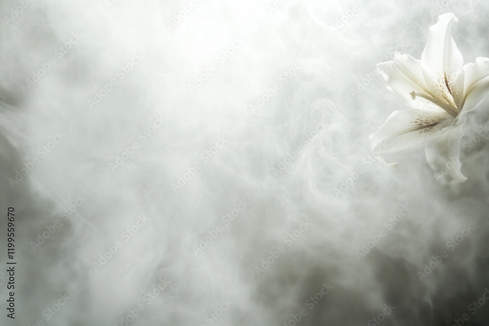 Poster ethereal white lily emerging from soft misty background creating a serene atmosphere ideal for calm 