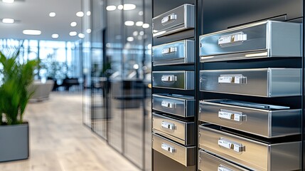 Gray metal letter boxes are neatly arranged on a stone wall, each labeled with numbers for mail delivery organization