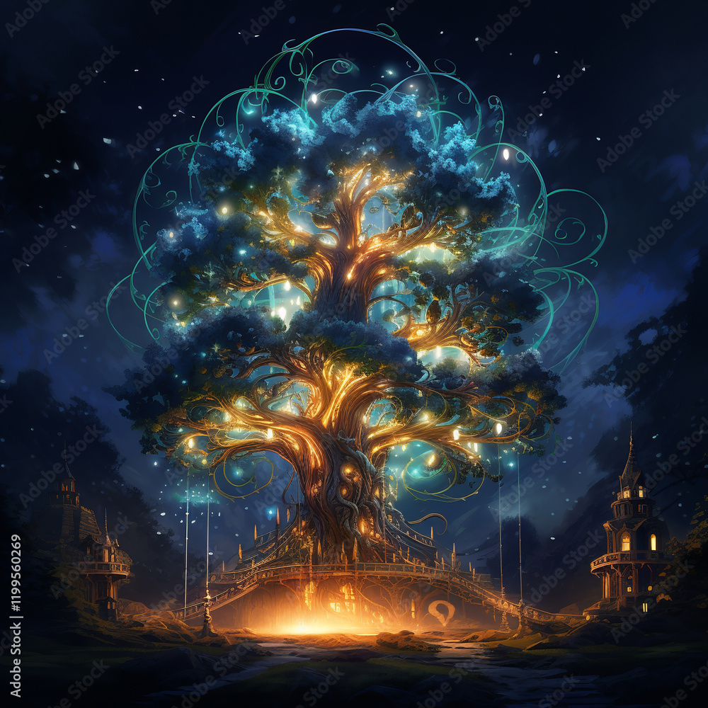 Poster a tree with a bridge and a castle in the background. the tree is lit up and has a lot of detail