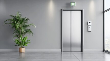 A stylish apartment entrance showcases sleek gray tiles, stairs leading to the elevator, and modern mailboxes for residents