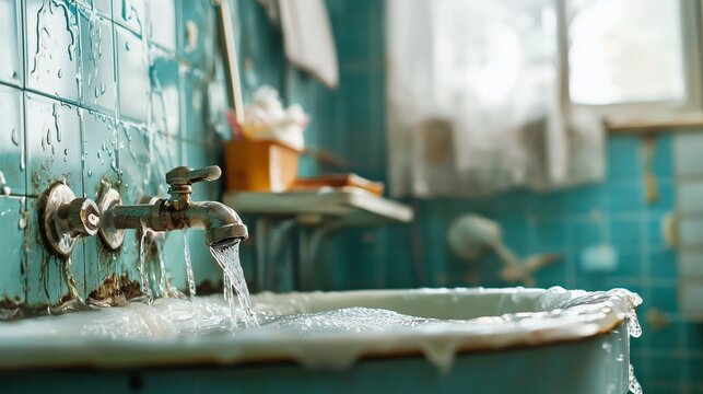 Overflowing sink with running water in a tiled bathroom, symbolizing urgent plumbing repair.