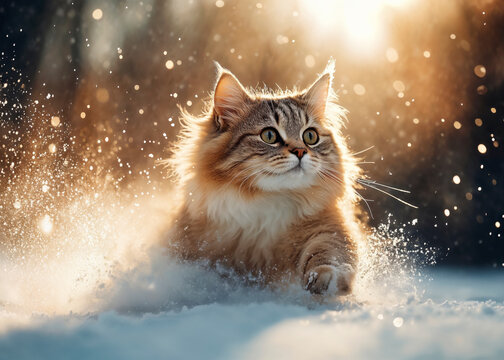 En l&aring;ngh&aring;rig katt springer genom sn&ouml;n medan gyllene solstr&aring;lar filtreras genom vinterskogen, vilket skapar en dr&ouml;mlik atmosf&auml;r.