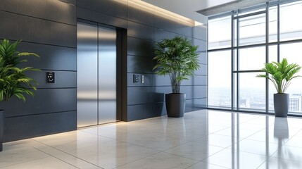 Contemporary office space features silver elevator doors and large windows revealing lush outdoor scenery, creating a bright atmosphere.