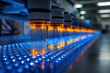 Obraz premium high-tech biomedical research facility with robotic automation systems handling multiple test tube arrays, bathed in cool blue light