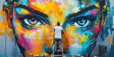 A mural painter working on a large-scale wall mural, creating vibrant street art in a public space.
