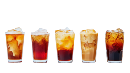 A variety of iced coffee drinks displayed in clear glasses on a white background, showcasing different colors and textures of the beverages.