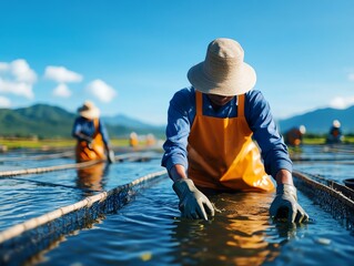 Thai workers in a shrimp farm, symbolizing aquaculture business growth and export potential in Thailand
