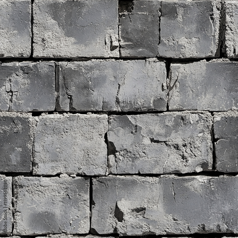 Poster Close-up of a textured gray brick wall with cracked surface and worn-out pattern
