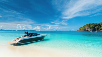 Luxurious Speedboat Docked on a White Sandy Beach, Surrounded by Crystal-Clear Turquoise Waters and Tropical Islands Under Blue Skies, Highlighting Modern Design and Romantic Getaways