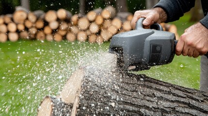 Electric chainsaw cuts wood for firewood, with water splashes visible and tree trunks stacked in the background during daylight hours