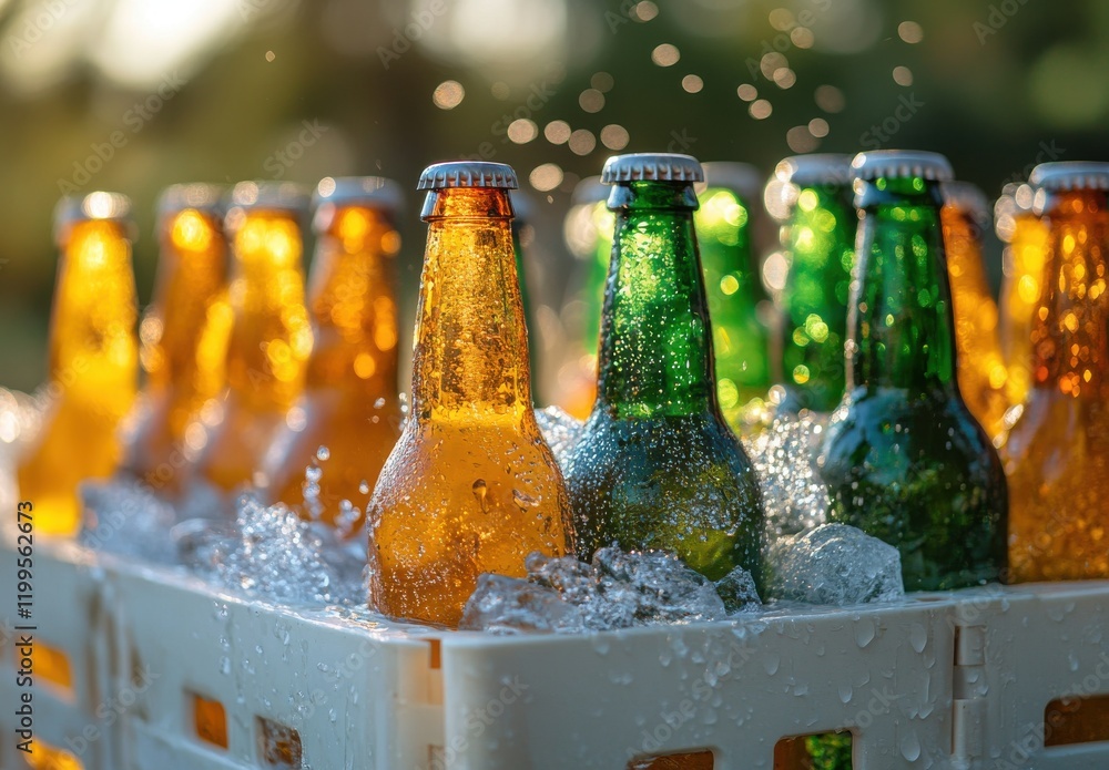 Poster refreshing colorful bottles in a crate surrounded by ice with splashing water in a bright outdoor se