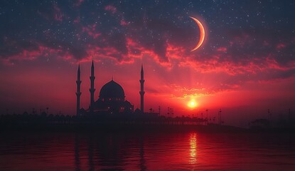 Obraz premium Mosque silhouette with blue, pink and orange sky sunset in evening, mosque at night with crescent moon and star shining, Background for Ramadan Kareem,Islamic New year. happy Muharram