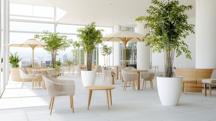 Obraz premium Luxury hotel interior showcasing exclusive architecture Modern interior with greenery and natural light in a spacious setting.