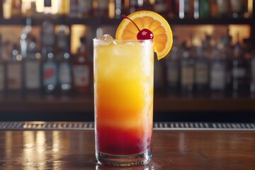A bartender garnishing a freshly made Tequila Sunrise with an orange slice and a maraschino cherry.Tequila sunrise.Classic tequila sunrise.Tequila cocktail.Orange juice drink.