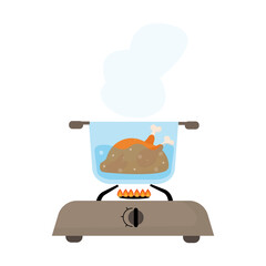 vector illustration of boiling chicken with the stove on