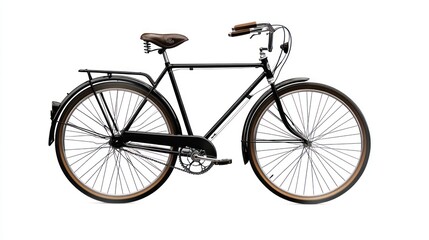 Classic black bicycle with brown leather seat and fenders, isolated on white.