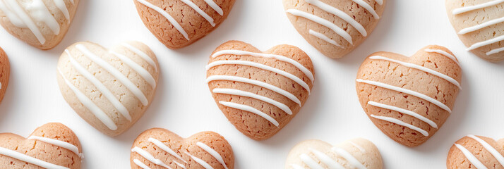 Obraz premium A banner for February 14 with homemade cookies in the shape of hearts on a white background. White background, flatlay.