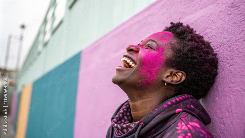 Poster a dynamic individual caught in midlaughter the right side of their face illuminated with vibrant fuc