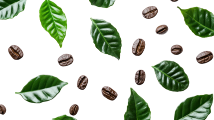 Coffee beans and fresh green leaves scattered on a black background, showcasing a natural and vibrant coffee theme.