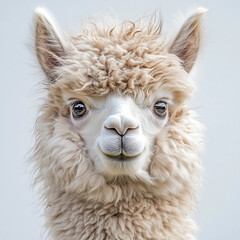 Fototapeta premium A white llama with a fluffy mane and a big, curious look on its face