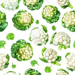 Seamless pattern with watercolor cauliflower drawing abstract illustration on white background