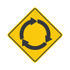 Isolated diamond yellow roundabout traffic sign, circular road direction, for navigation and safety, smooth and orderly vehicle movement