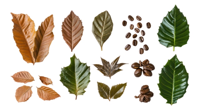 A variety of coffee leaves and beans displayed against a white background, showcasing different shapes and colors.
