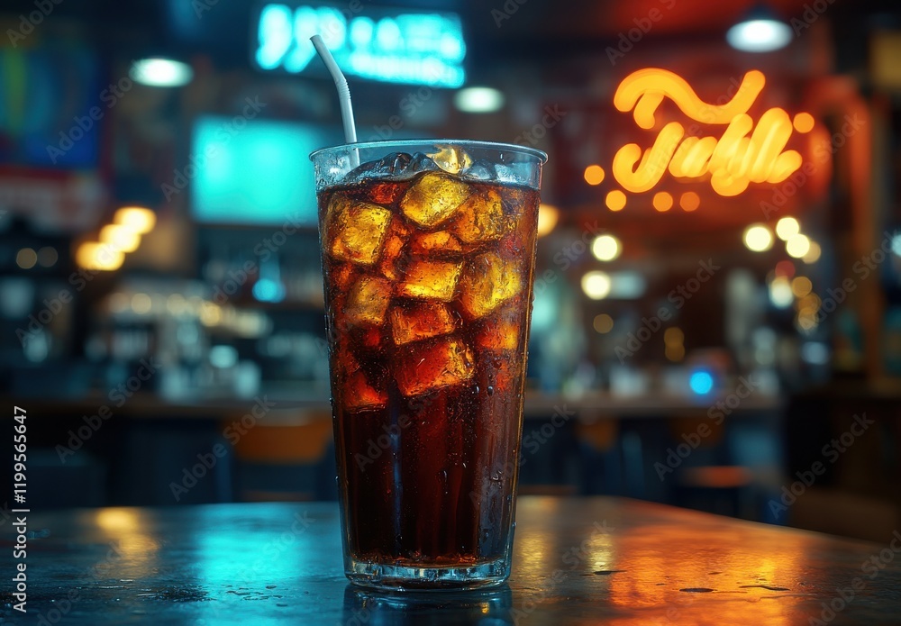 Poster refreshing glass of carbonated beverage with ice cubes on bar counter surrounded by soft lighting an