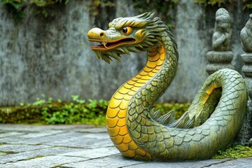 Fototapeta premium Green Snake in Wooden Frame - Generative AI. Beautiful simple AI generated image