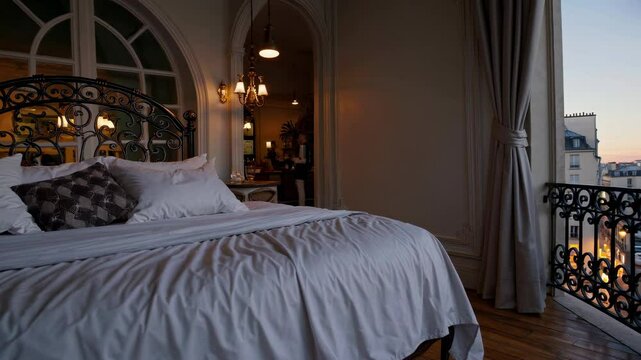 Opulent parisian bedroom interior with luxurious bedding, wrought iron balcony revealing mesmerizing sunset view of iconic eiffel tower across elegant city skyline