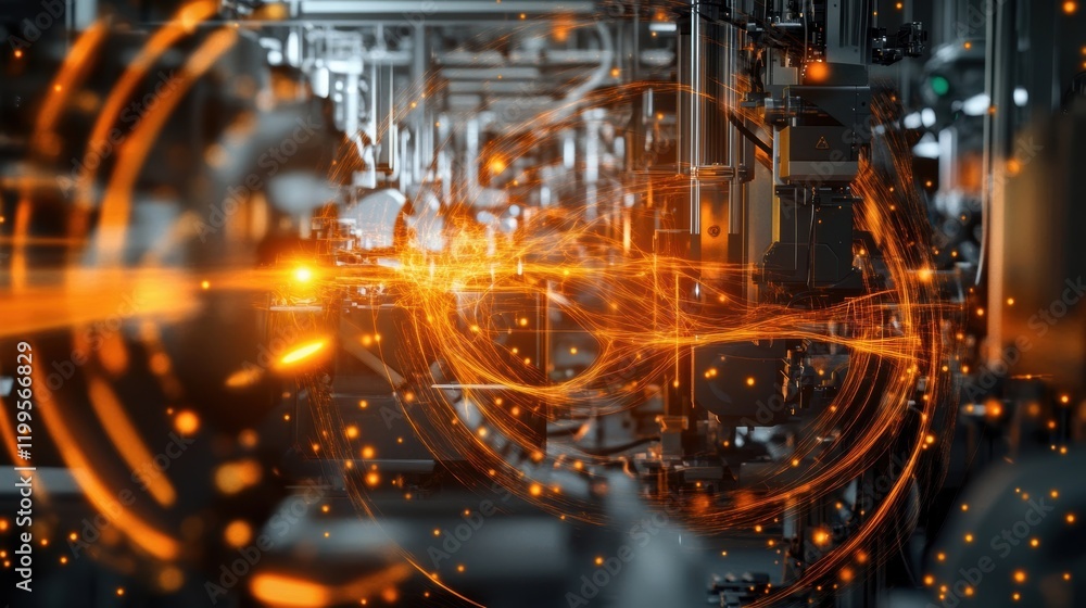Poster an intricate network of sensors and actuators mounted on a machines control panel with luminous oran