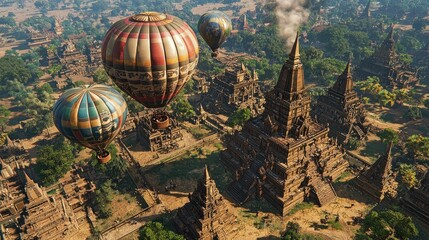 Fototapeta premium Hot air balloons soar over ancient Asian temples.